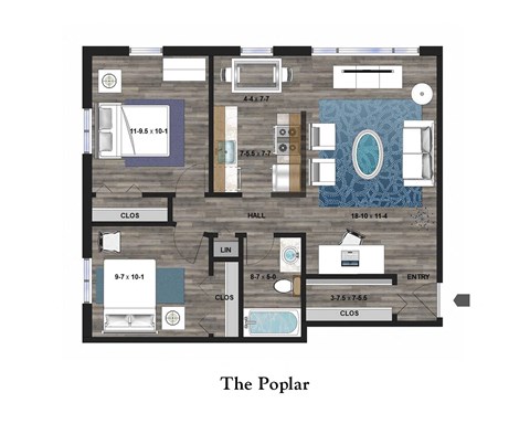 Floor plan for 2 beds, 1 bath, 842 sqft